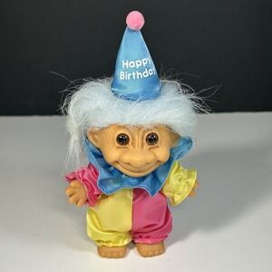 HAPPY BIRTHDAY CLOWN 5" Russ Troll Doll YELLOW HAIR W/ Birthday Hat & Outfit